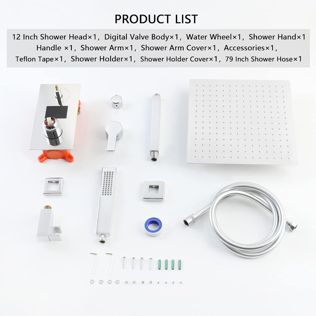 SKWOLL Shower Faucets Sets Complete Polished Chrome, 12 Inch Rainfall Shower Head with Handheld, 2 Function Ceiling Mount Shower Head System with Digital Display Shower Valve Kit