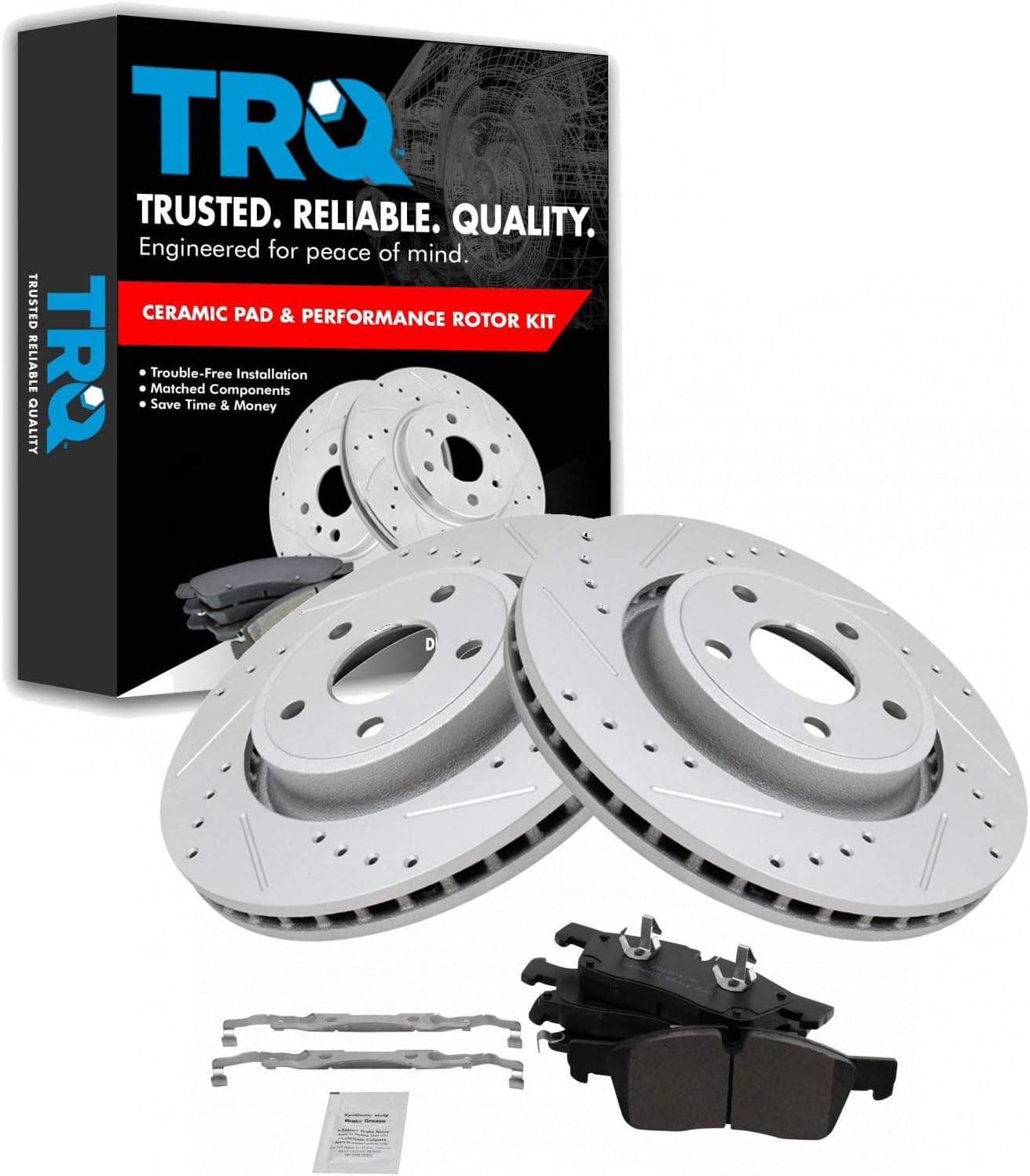 TRQ Performance Front Brake Pad and Rotor Set Ceramic Coated Drilled Slotted Rotors Compatible with 2012-2020 Dodge Durango Jeep Grand Cherokee