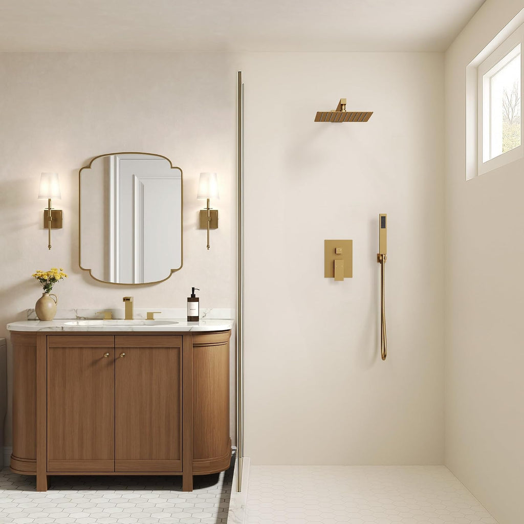 10 Inch Shower Faucet Set, High Pressure Rainfall Shower Head and Handheld Sprayer Combo, Brushed Gold
