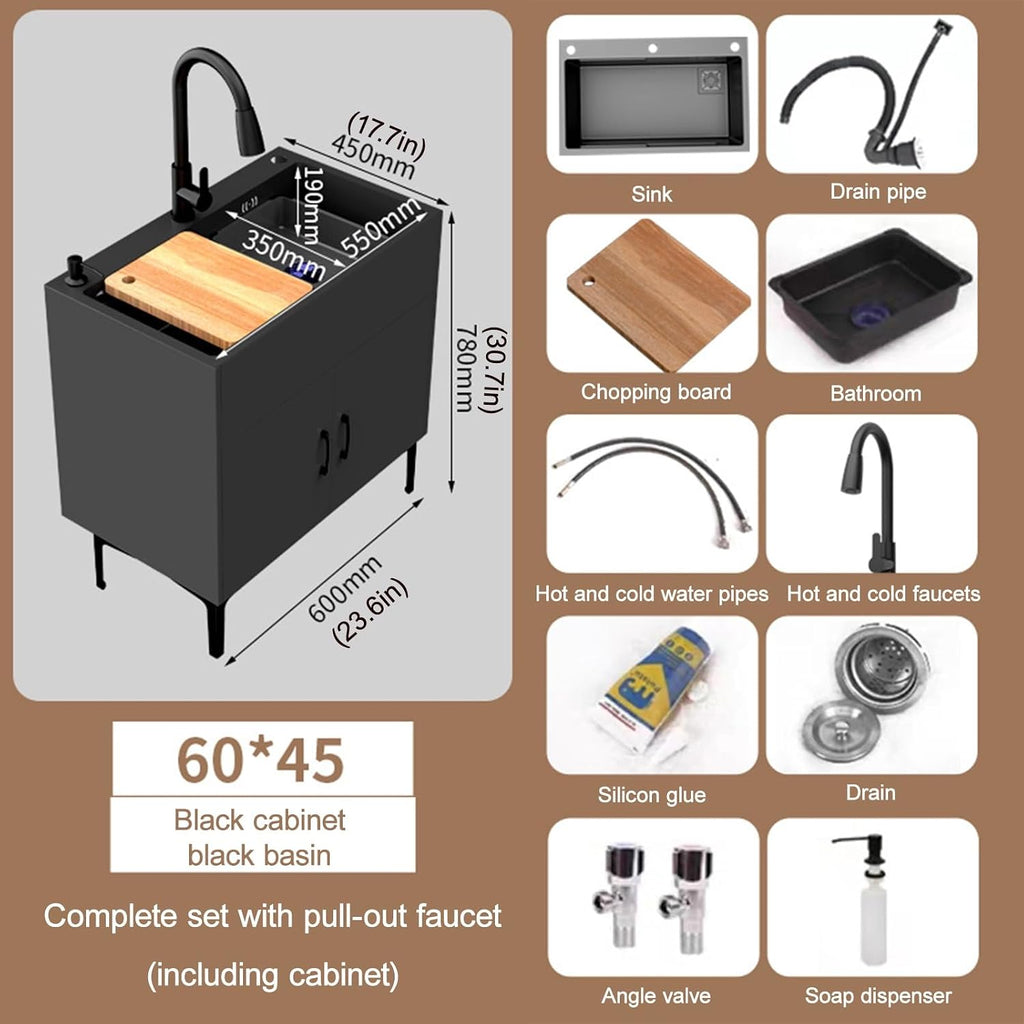 Cabinet Stainless Steel Sink with Storage,Commercial Kitchen Sink with Pull-Out Faucet,Bathroom Sink with Black Faucet and Storage Shelves,for Kitchen,Restaurant,Outdoor,Laundry
