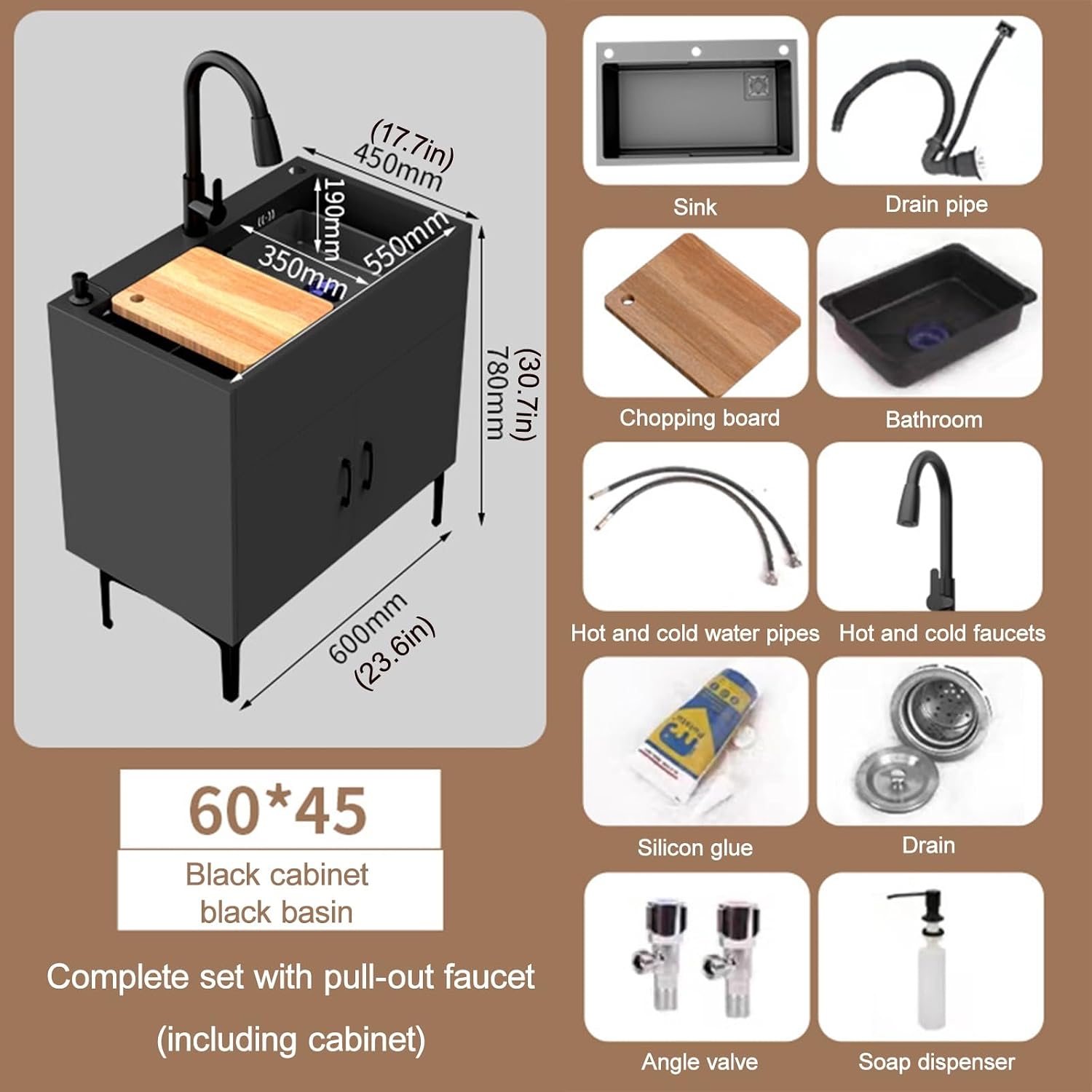 Cabinet Stainless Steel Sink with Storage,Commercial Kitchen Sink with Pull-Out Faucet,Bathroom Sink with Black Faucet and Storage Shelves,for Kitchen,Restaurant,Outdoor,Laundry