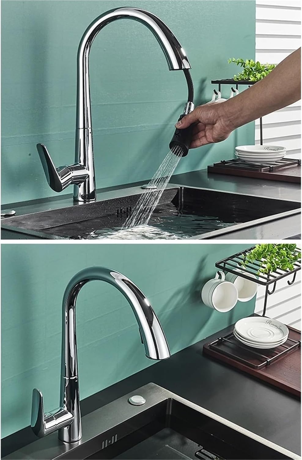 Kitchen Faucet Single Handle Pull Out Mixer Hot and Cold Water Taps Deck Mounted 360 Rotation Mixer Tap(Chrome)