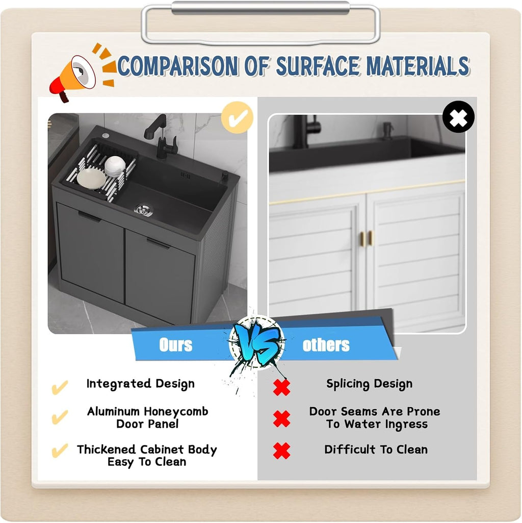 31.4' Black Laundry Utility Cabinet with Stainless Steel Sink and Cold and Hot Water Faucet, Laundry Room Sink Suitable for Kitchens, Toilets and Bathrooms, Standalone Kitchen Sink Kit, Laundry Sink