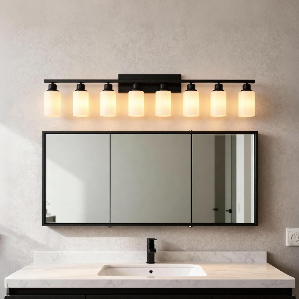 8-Light Matte Black Bathroom Vanity Light Modern Black Bathroom Light Fixtures Over Mirror Vintage Vanity Wall Sconce Light With White Glass Shade Wall Lamps For Living Room Bedroom Bulbs Not Included