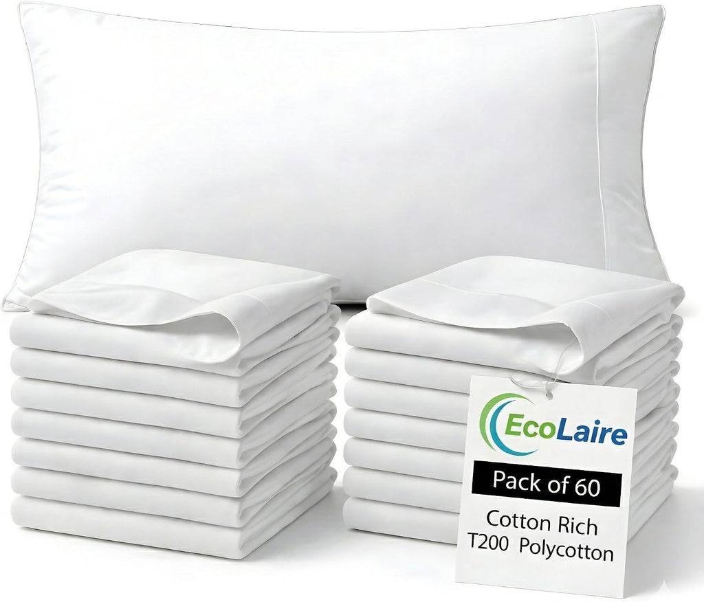 EcoLaire Pillow Covers - Pillowcases Standard Size, Pack of 60 - Cotton Rich T200 Polycotton - Bulk Pillows Cases - 20' x 30' (Fits 20'x 28' Pillows) for Home, Hotels, Hospitals, Rentals,Crafting