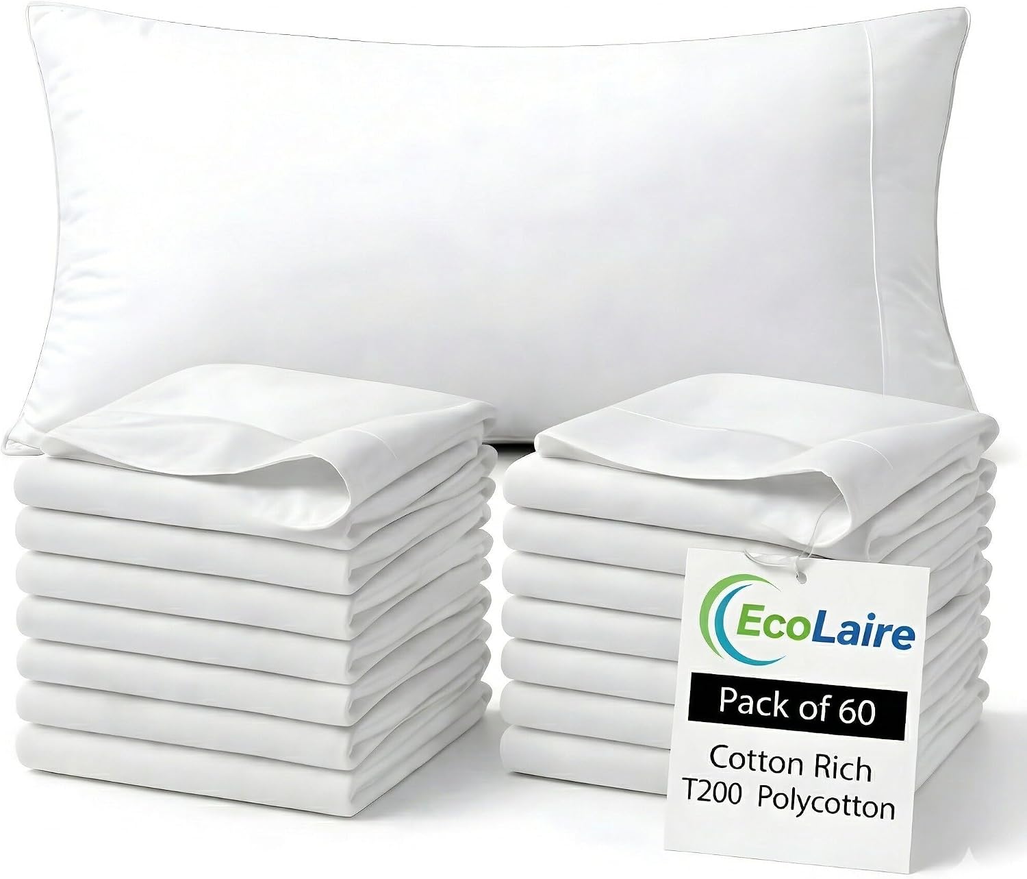 EcoLaire Pillow Covers - Pillowcases Standard Size, Pack of 60 - Cotton Rich T200 Polycotton - Bulk Pillows Cases - 20' x 30' (Fits 20'x 28' Pillows) for Home, Hotels, Hospitals, Rentals,Crafting