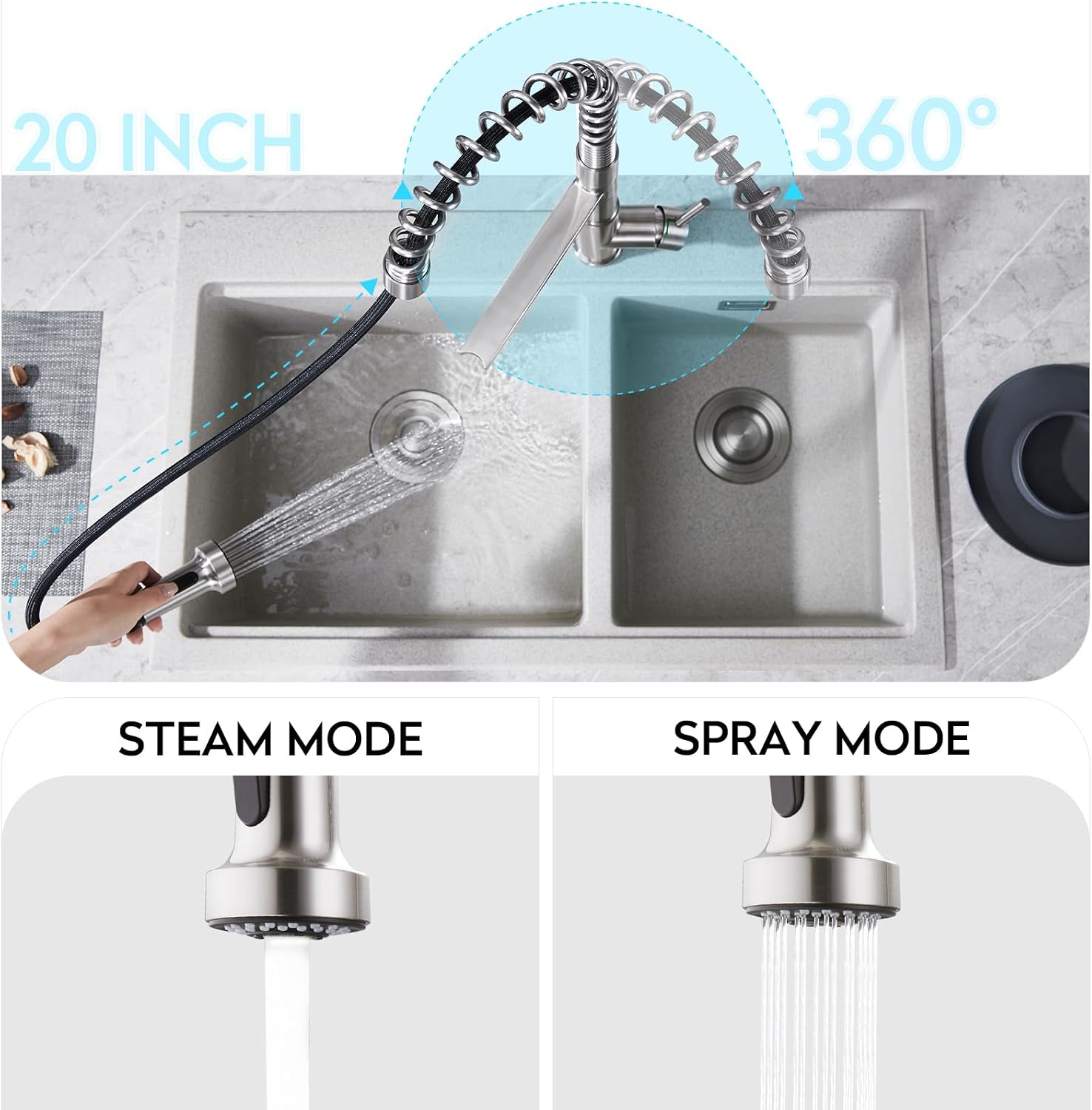 CREA 3-Way Kitchen Faucet, Brushed Chrome, Pull-Out, 20-Inch Flexible Hose, Single Lever Control, 5-Layer Stainless Steel Body, Advanced Ceramic Valve Core, 3/4-Inch Spout