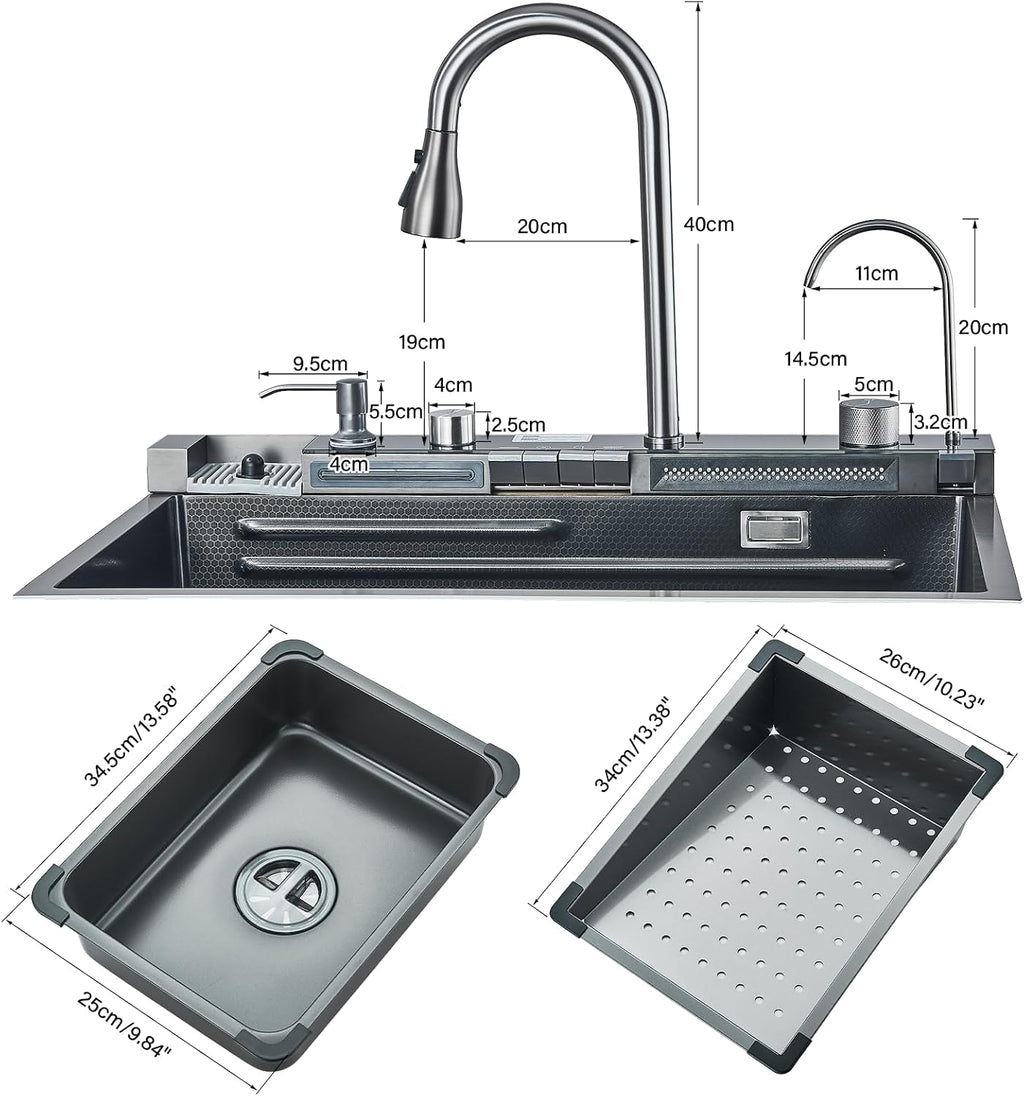 Digital Display Waterfall Kitchen Sink Gun Grey Stainless Steel Single Bowl Kitchen Sink With Pull-Out Faucet Kitchen Sink Workstation with Multiple Accessories(29.52'X18.11')