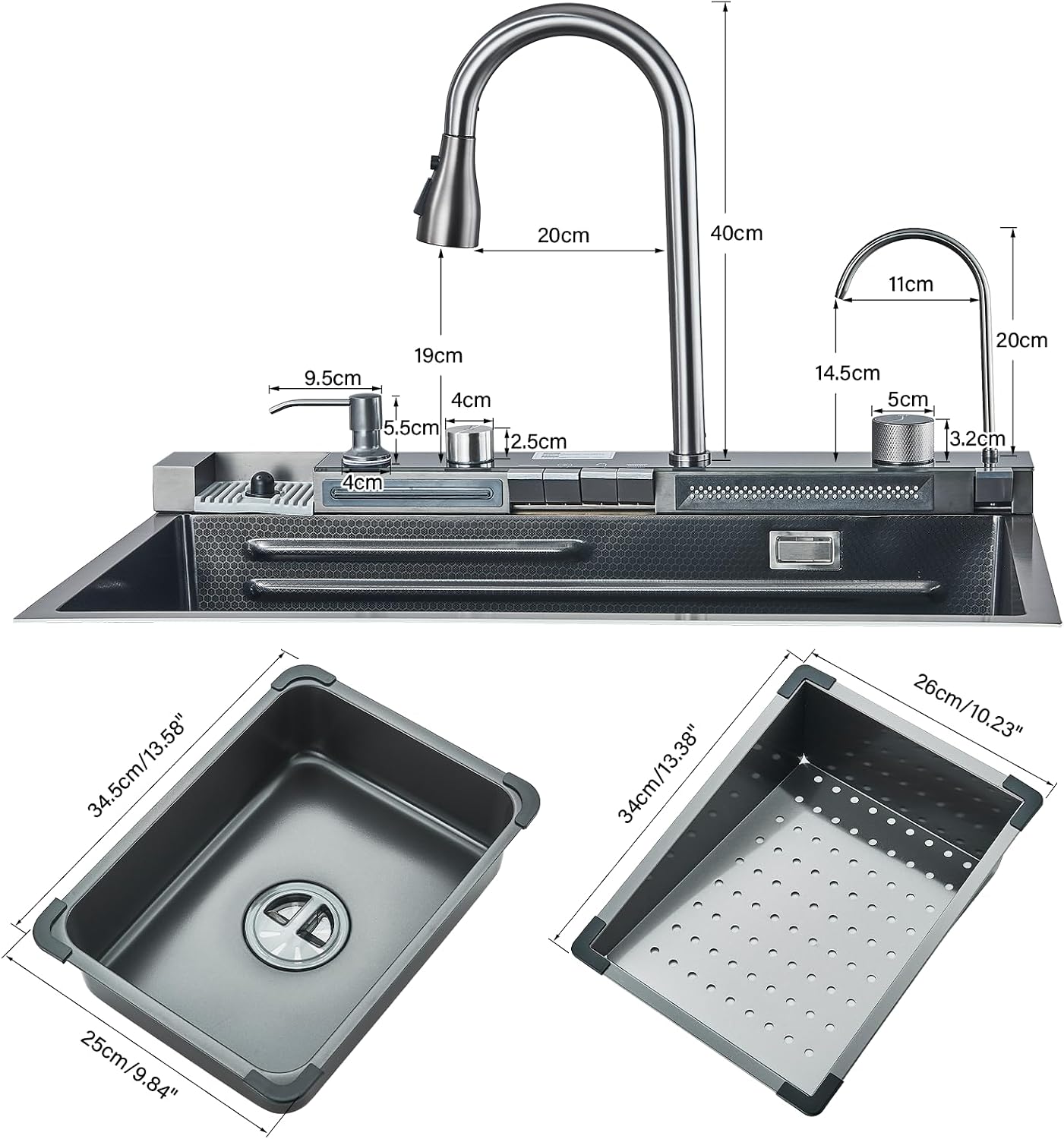 Digital Display Waterfall Kitchen Sink Gun Grey Stainless Steel Single Bowl Kitchen Sink With Pull-Out Faucet Kitchen Sink Workstation with Multiple Accessories(29.52'X18.11')