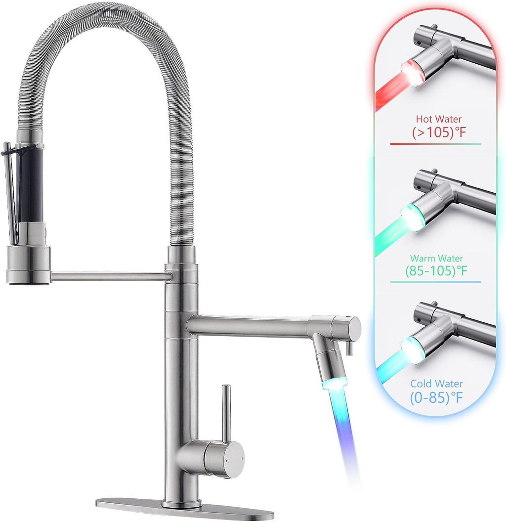 GIMILI Commercial Dual-Spout Kitchen Sink Faucet with Pull Down Sprayer Brushed Nickel LED Kitchen Faucet