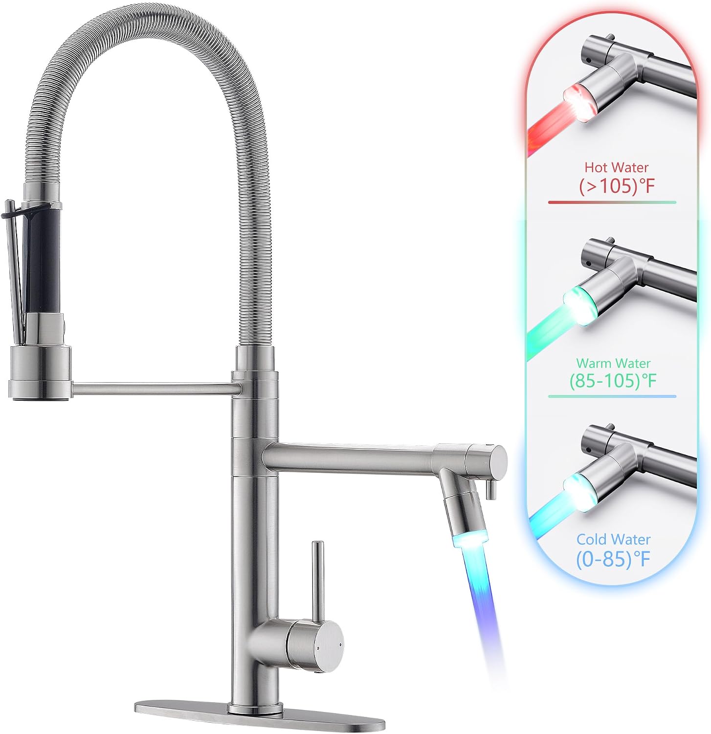 GIMILI Commercial Dual-Spout Kitchen Sink Faucet with Pull Down Sprayer Brushed Nickel LED Kitchen Faucet
