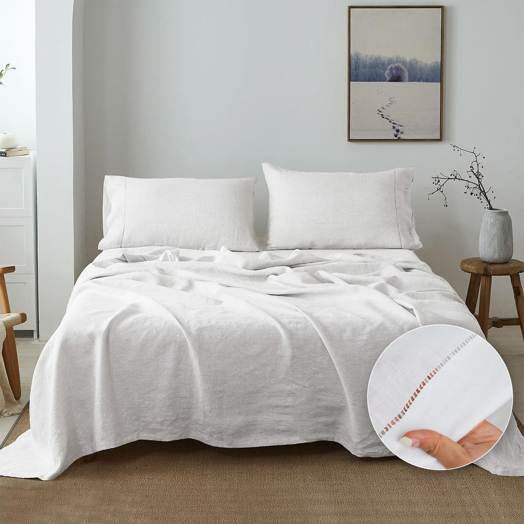 Simple&Opulence 100% French Linen Sheet Set Handmade Hemstitch-4 Pcs Natural Flax Farmhouse Bed Sheets(1 Flat Sheet 1 Fitted Sheet 2 Pillowcases)-Solid Color Soft Breathable Bedding-White, Queen