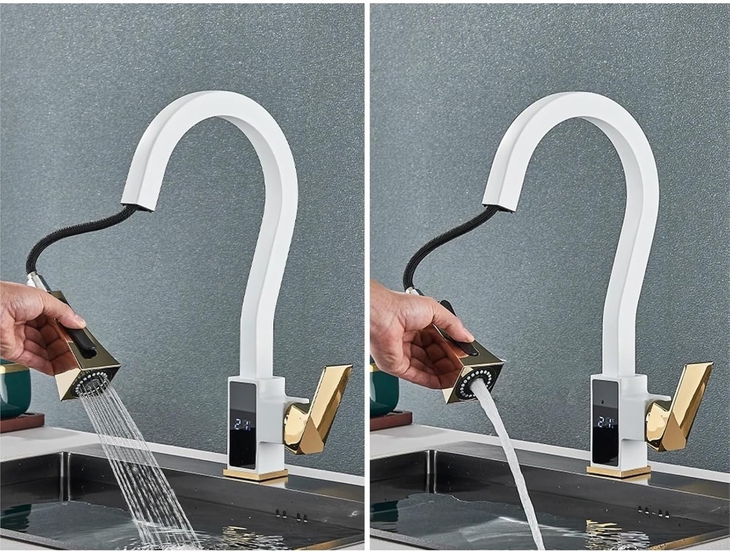 Smart Digital Display Kitchen Faucet Single Handle Pull Out Kitchen Sink Mixer Hot Cold Water Taps(White Gold)