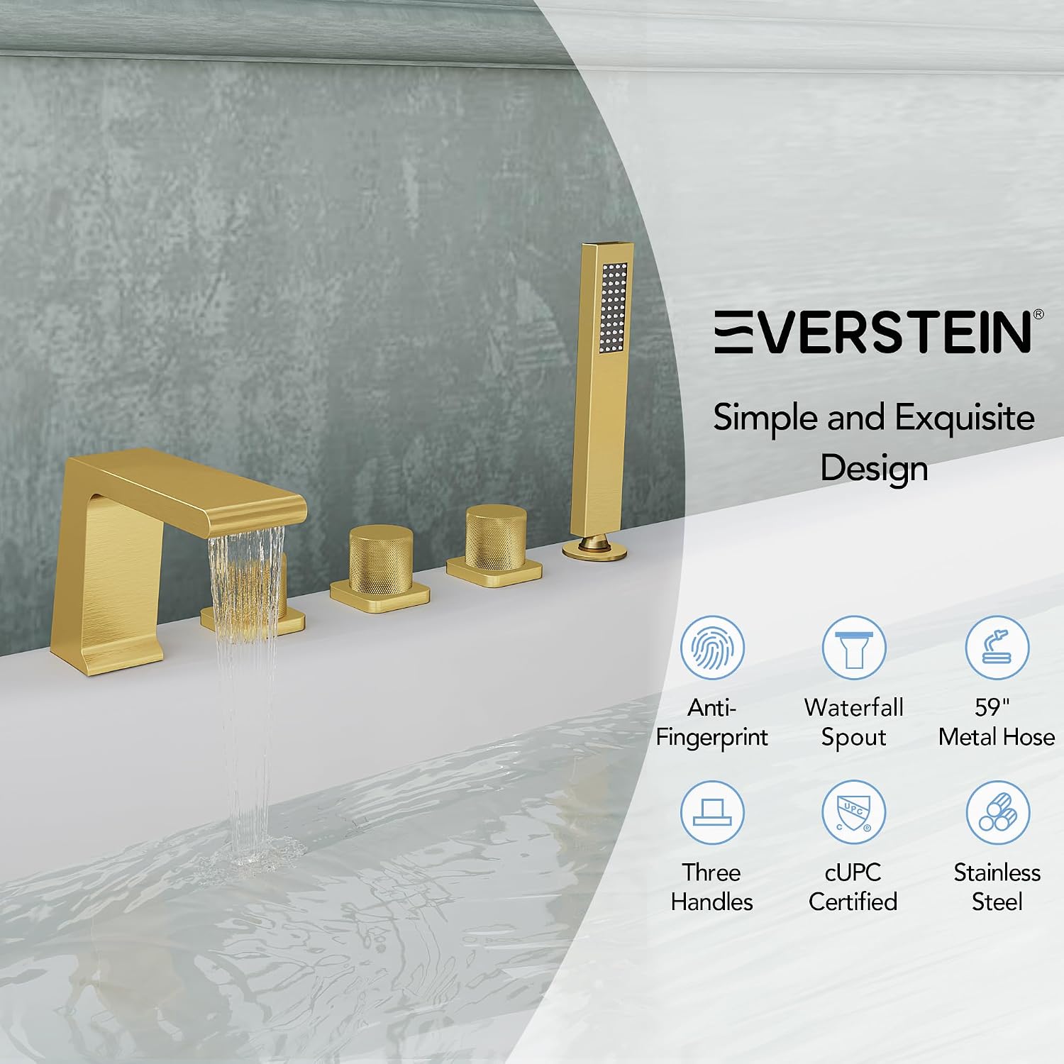 Bathtub Faucet Set with 3 Handle, Deck Mount 5 Hole Roman Waterfall Spout Bath Tub Faucet with Valve, Brushed Gold