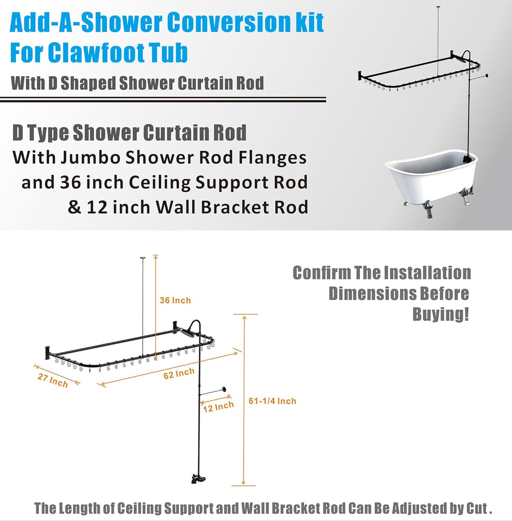 Clawfoot Tub Shower Kit,Add On Shower With Bathcock Diverter Faucet and 60' D Type Claw foot Tub Shower Curtain Rod Kit,D-Style Shower Rod and Clawfoot Tub Shower Faucet Set,Matte Black