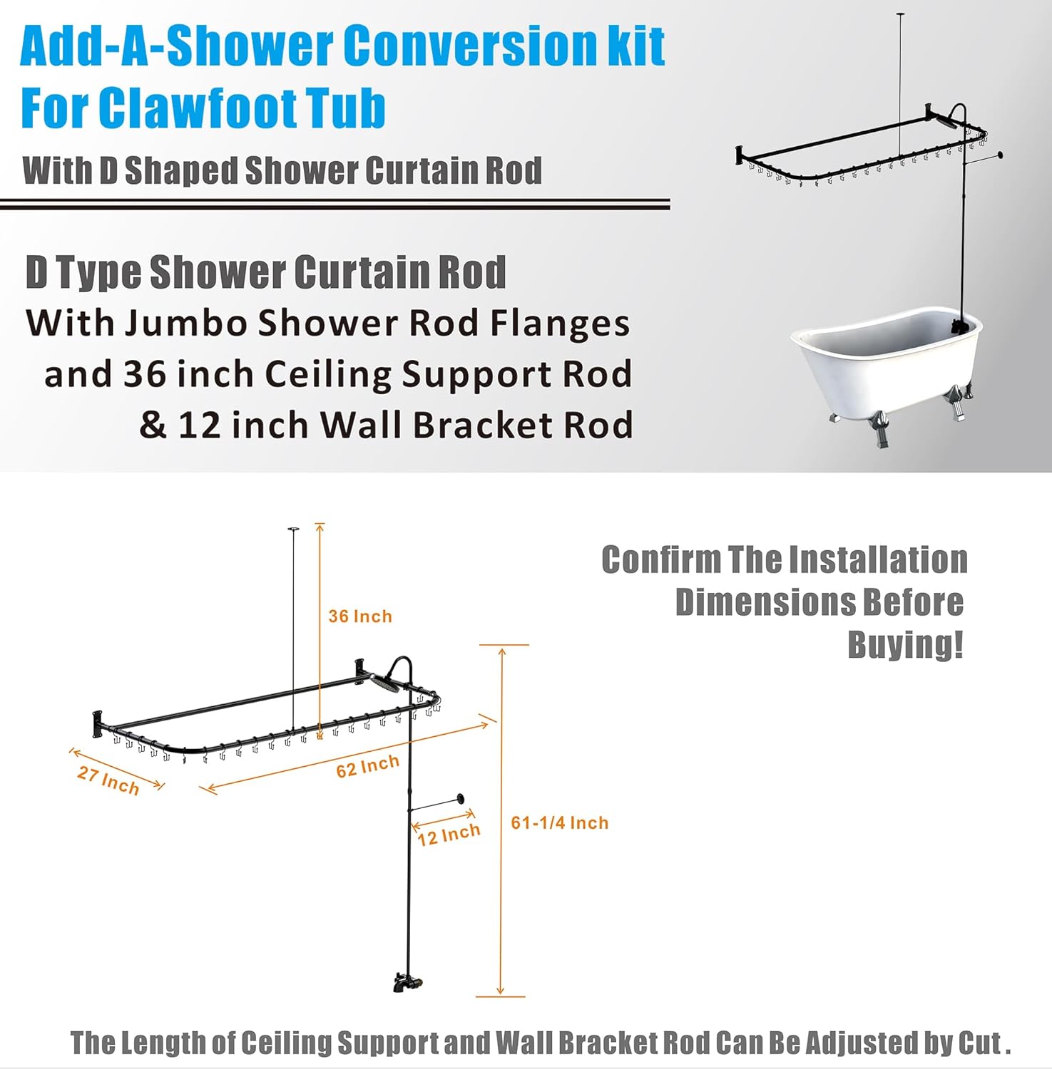 Clawfoot Tub Shower Kit,Add On Shower With Bathcock Diverter Faucet and 60' D Type Claw foot Tub Shower Curtain Rod Kit,D-Style Shower Rod and Clawfoot Tub Shower Faucet Set,Matte Black