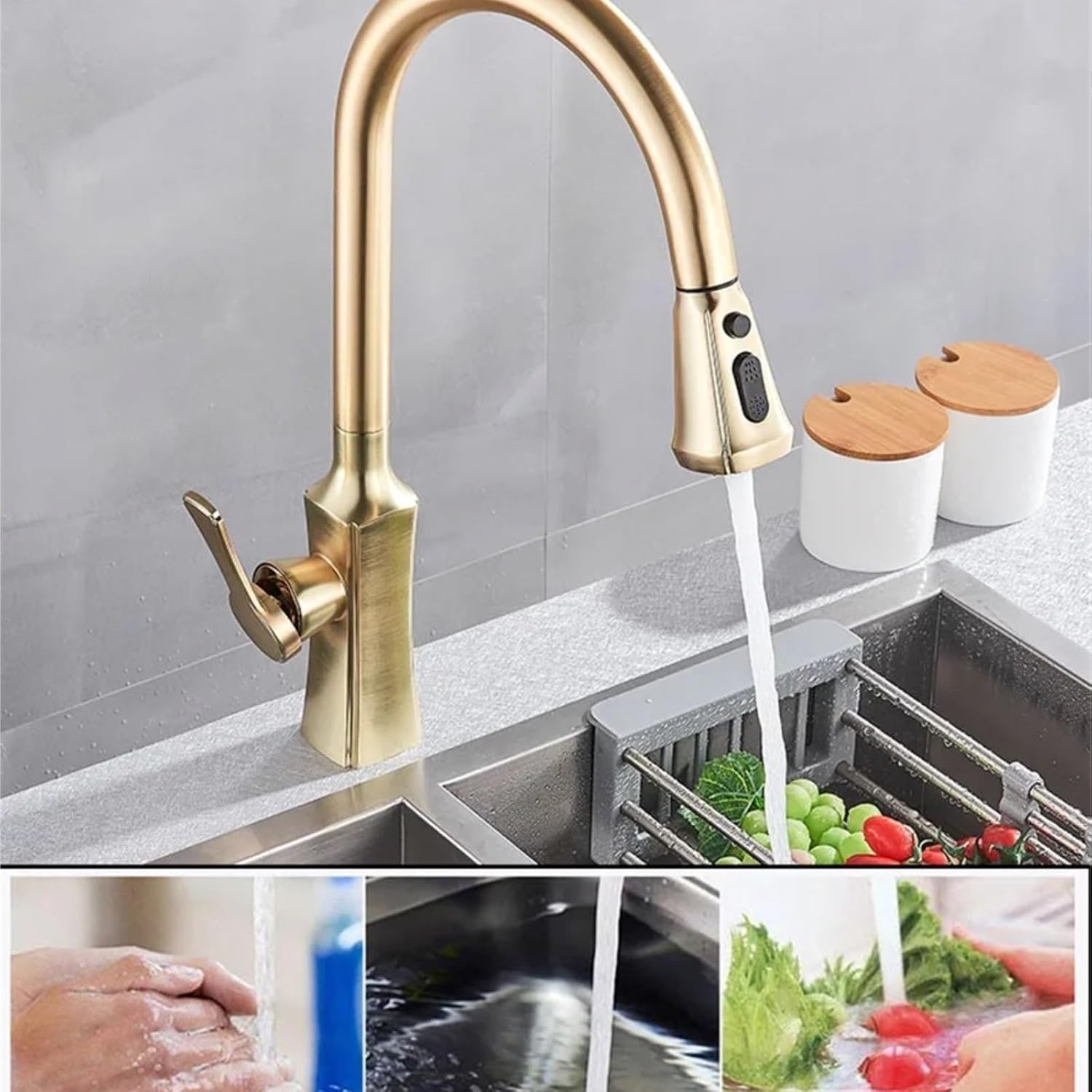 Kitchen Faucet Single Handle Hand-Out Single Hole Hot and Cold Faucet Tap(Brushed Gold)