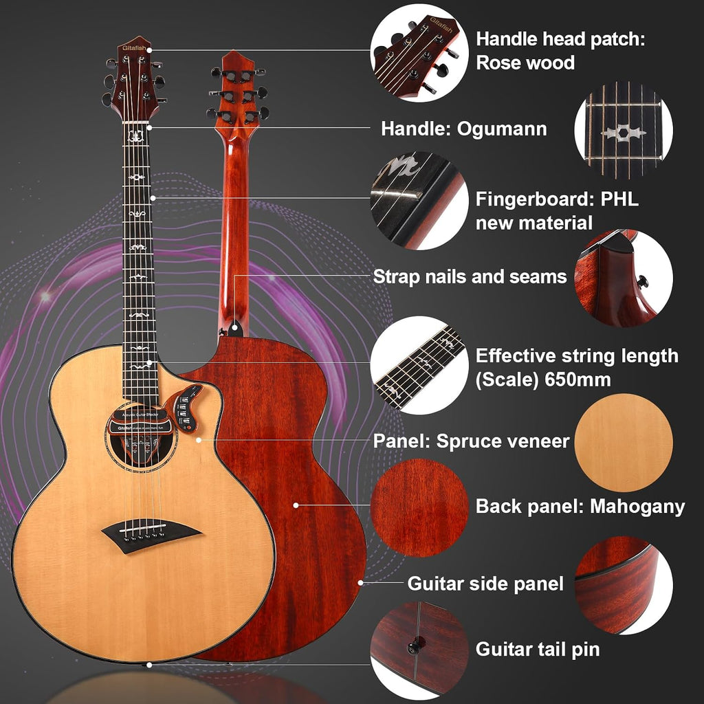 Folk Acoustic Guitar Built-in Effector Kids Adult Beginner Spruce 41'' Cutaway JF Barrel Folk Guitarra Strap Tuner Capo 6 Steel Strings Rock Folk Guitar
