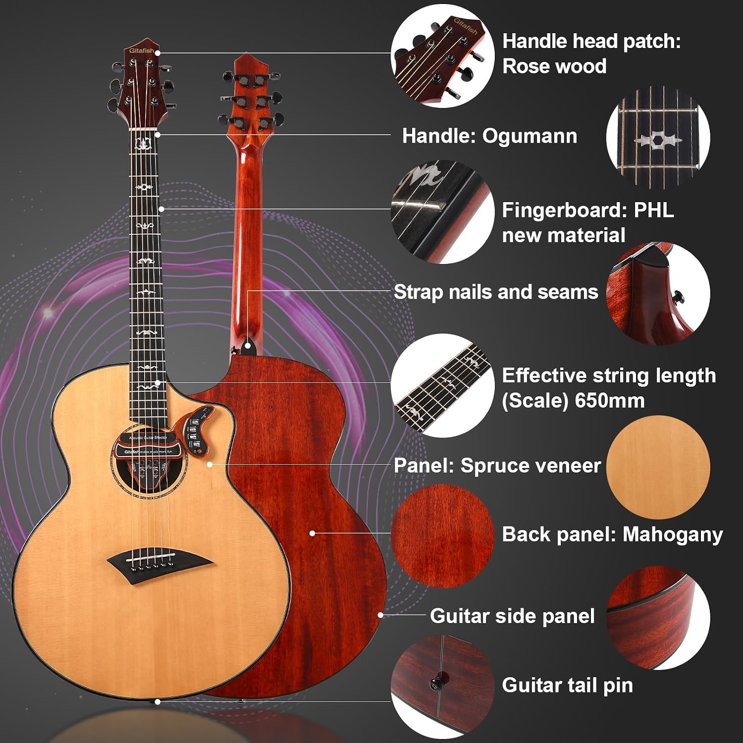Folk Acoustic Guitar Built-in Effector Kids Adult Beginner Spruce 41'' Cutaway JF Barrel Folk Guitarra Strap Tuner Capo 6 Steel Strings Rock Folk Guitar