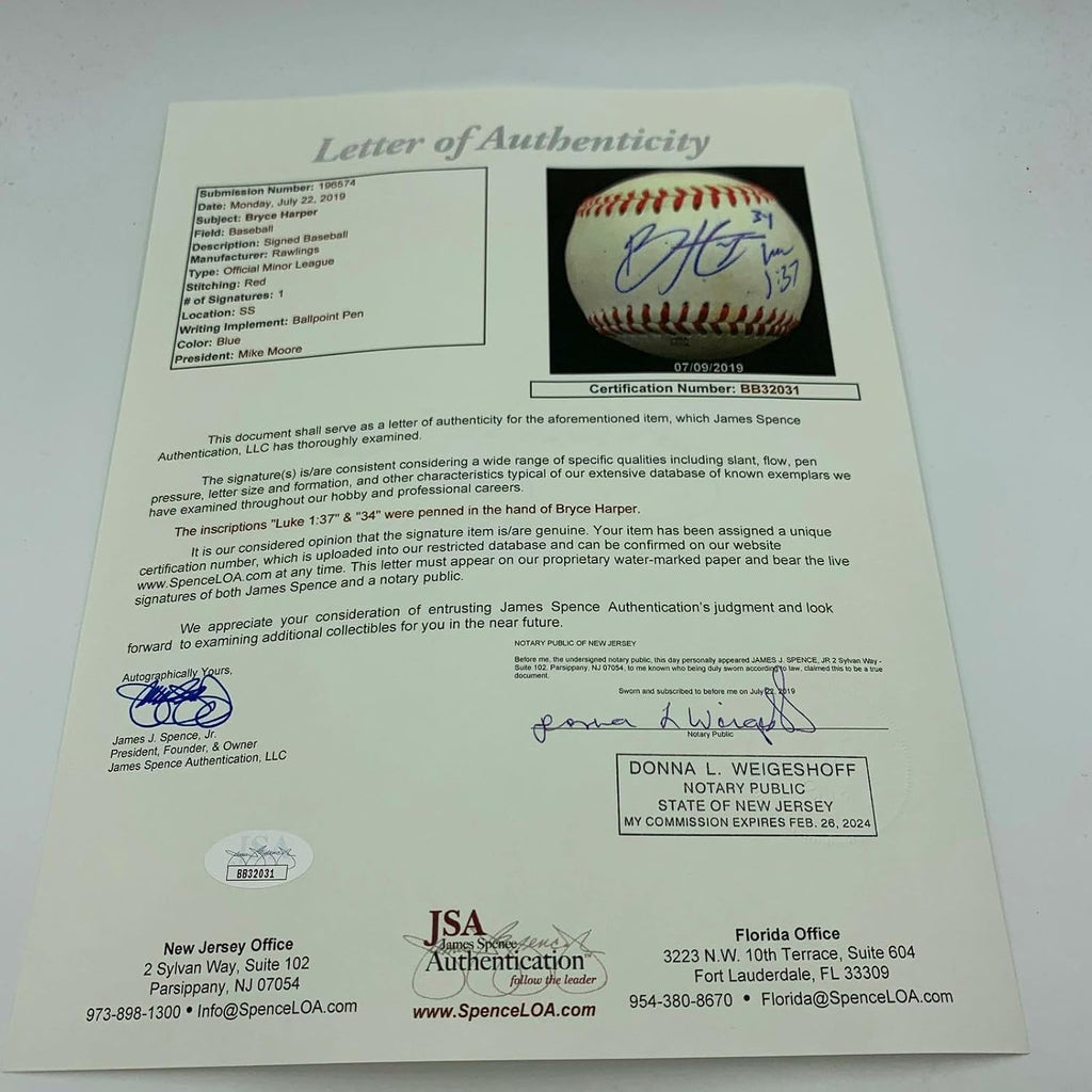 2011 Bryce Harper Pre Rookie Signed Game Used Minor League Baseball JSA COA - MLB Game Used Baseballs