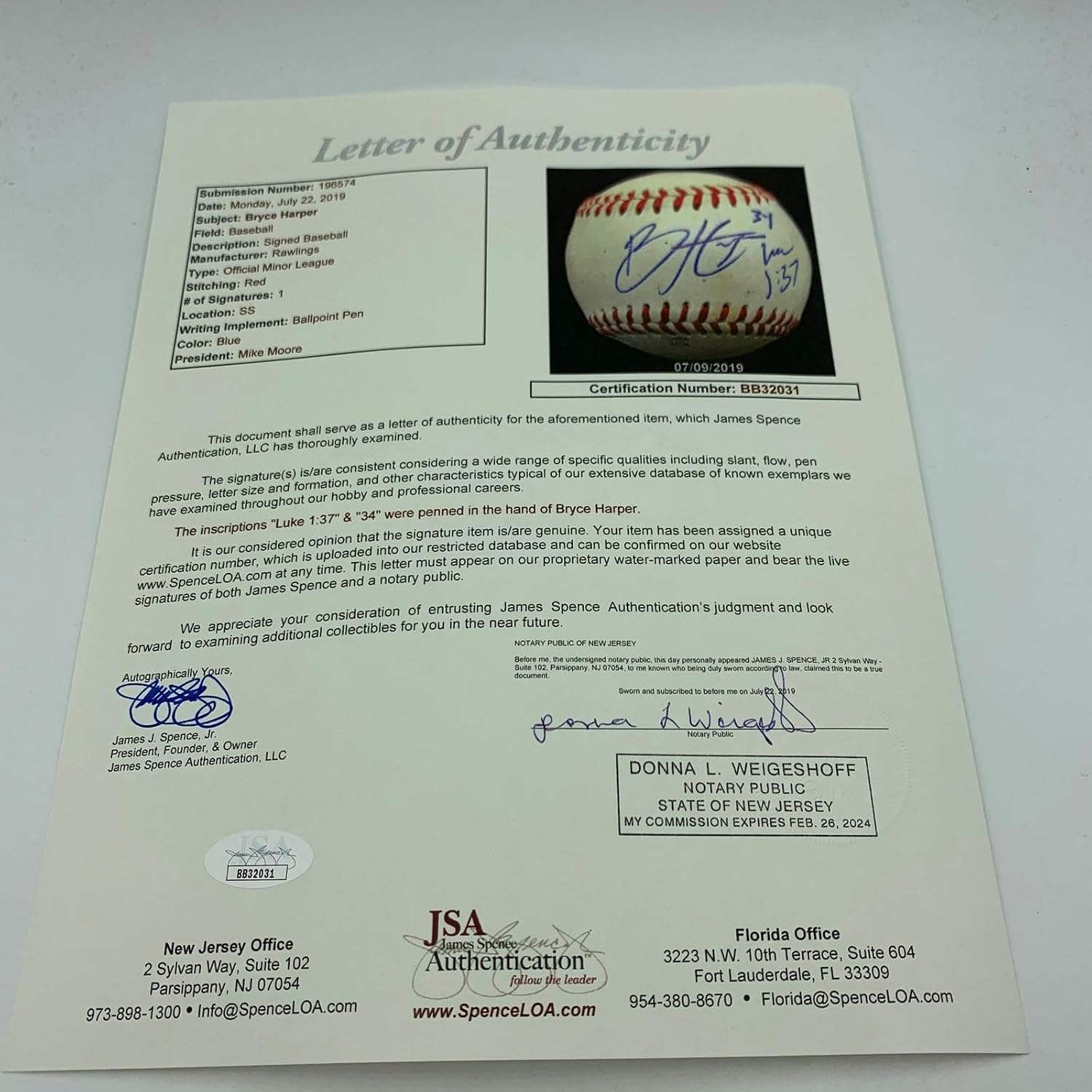 2011 Bryce Harper Pre Rookie Signed Game Used Minor League Baseball JSA COA - MLB Game Used Baseballs