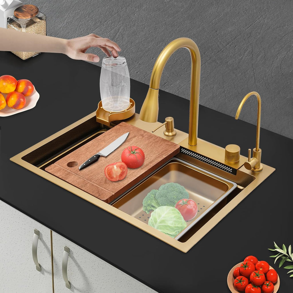 Multifunctional Kitchen Waterfall Sink, Gold Stainles Steel Kitchen Sink Double Sliding Rail, Double Bowl Sink with 3-Mode Cold & Hot Water Faucet 26.77x18.11x8.66in for Kitchen Bar Hotel(Gold)