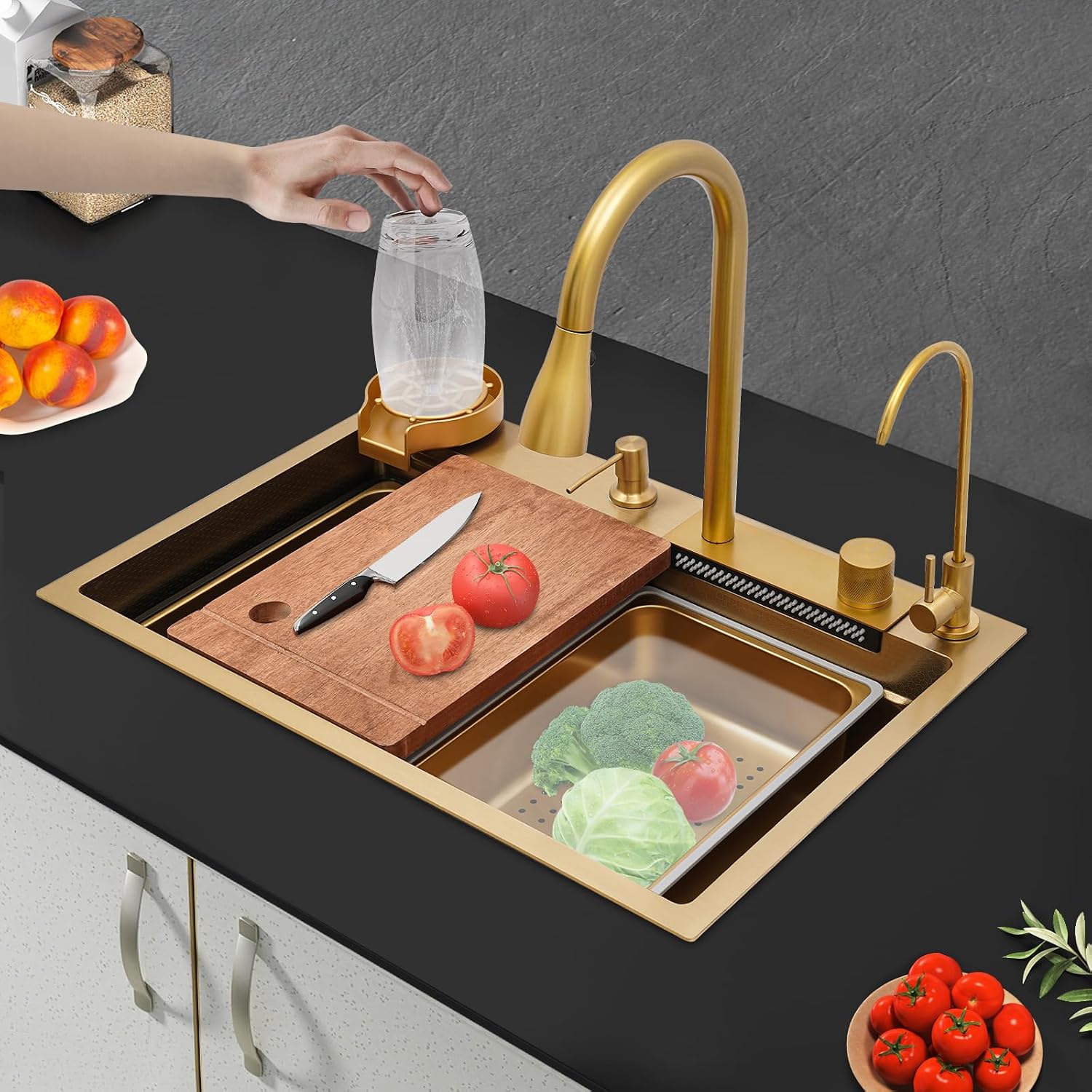 Multifunctional Kitchen Waterfall Sink, Gold Stainles Steel Kitchen Sink Double Sliding Rail, Double Bowl Sink with 3-Mode Cold & Hot Water Faucet 26.77x18.11x8.66in for Kitchen Bar Hotel(Gold)