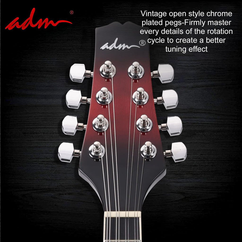 ADM Acoustic Mandolin Instrument Kit Music A Style for Kids Students Adults Wood Mandolins Beginner Set With Bag, Tuner, Pick-up, Strap, Strings, Picks and Hanger, Red
