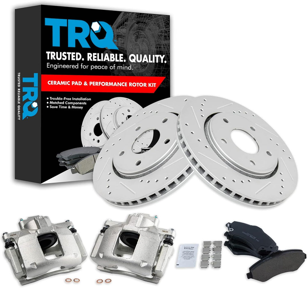 TRQ Performance Front Brake Pad and Rotor Set Ceramic Coated Drilled Slotted Rotors Calipers Compatible with 2009-2013 Dodge Journey
