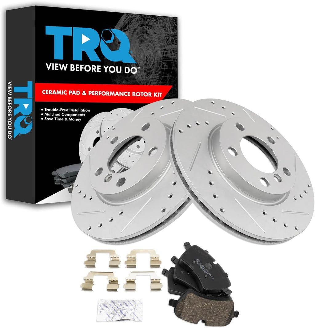 TRQ Performance Front Brake Pad and Rotor Set Ceramic G Coated Drilled Slotted Rotors Compatible with 2011-2016 Mini Cooper Countryman 2013-2016 Cooper Paceman
