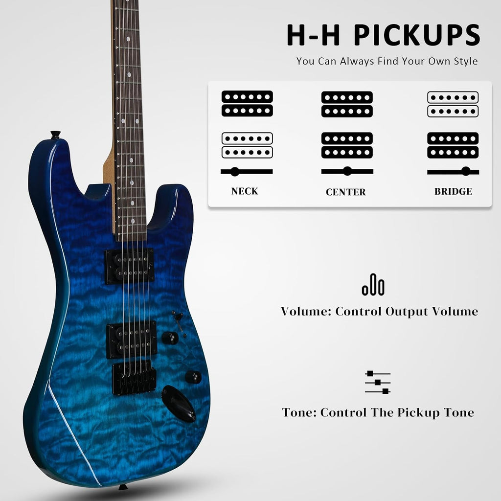 Full Size Electric Guitar Kit,39 Inch Beginner Electric Guitar,Complete Electric Guitars Set with Bag, Shoulder Strap, Power Wire, Wrench Tool,Tremolo Arm and Picks,Blue
