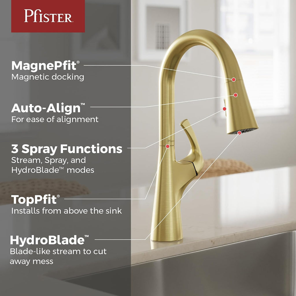 Pfister Talega Pull-Down Kitchen Faucet with Sprayer Brushed Gold Single Handle 3-Hole Installation High Arc Spout 360° Swivel MagnePfit Docking TopPfit Technology