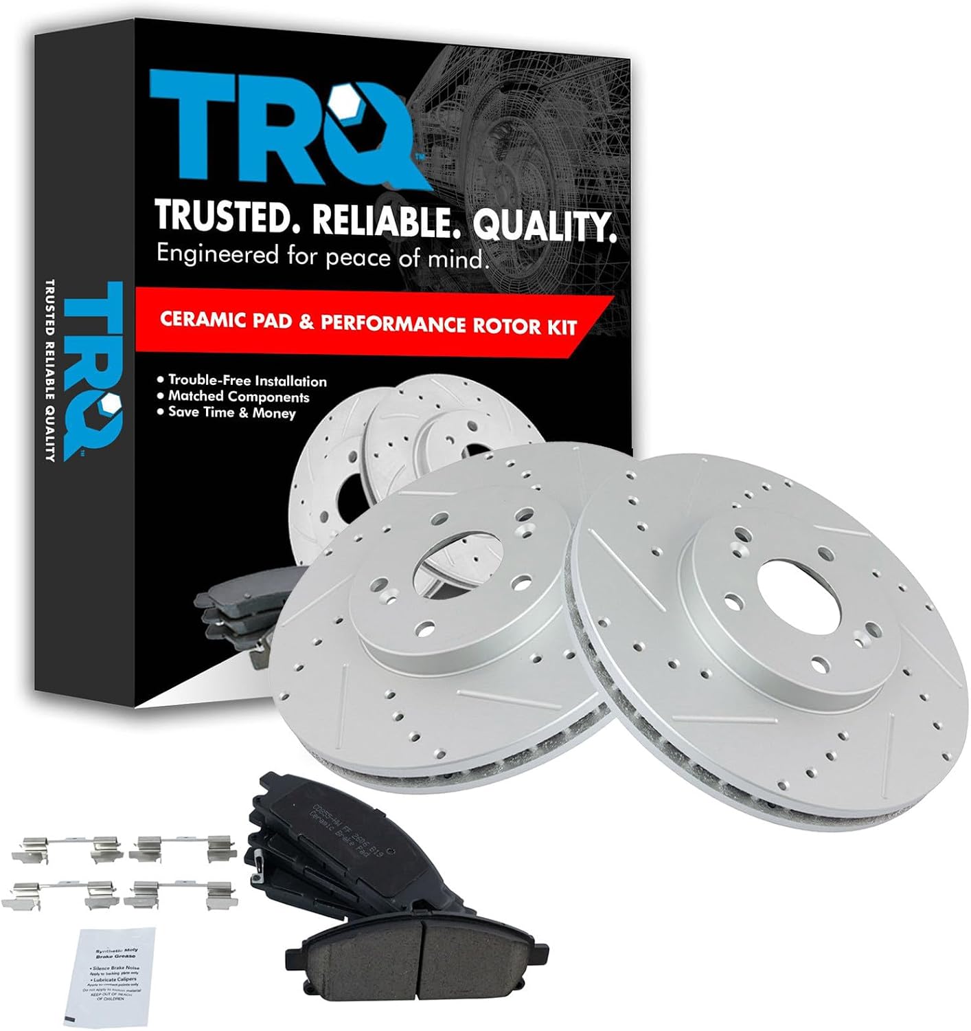 TRQ Performance Front Brake Pad and Rotor Set Ceramic Coated Drilled Slotted Vented Rotors Compatible with 2006-2006 Acura MDX