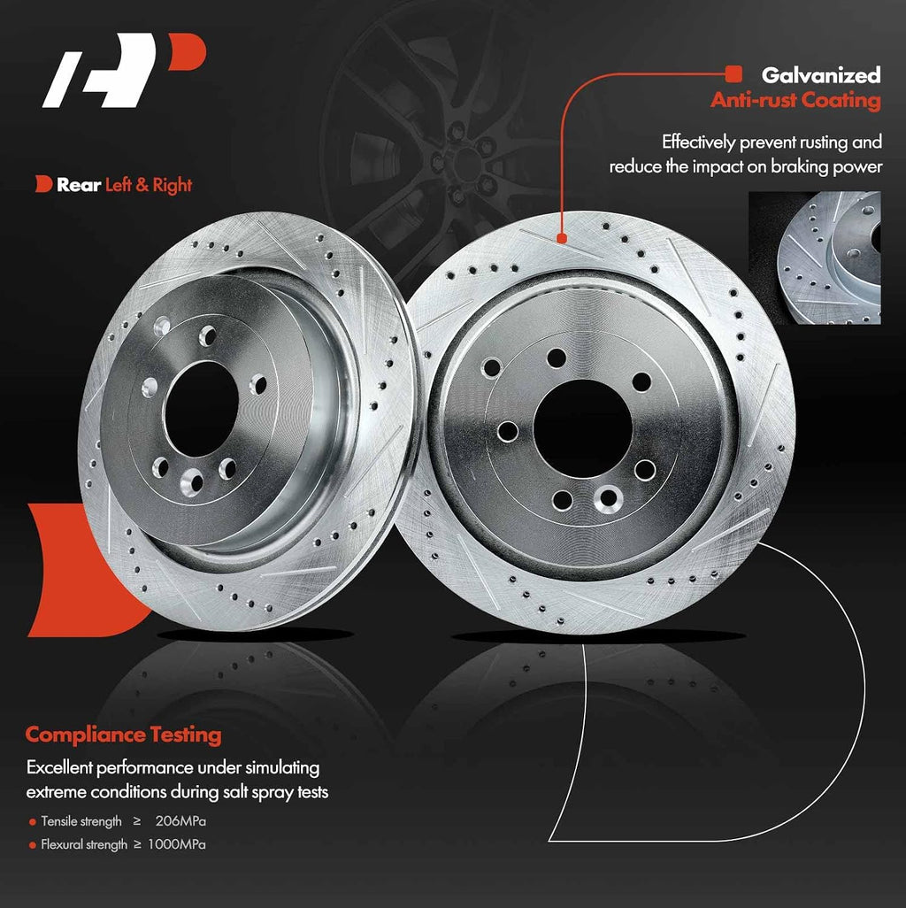A-Premium 13.78 inch (350mm) Rear Drilled and Slotted Disc Brake Rotors + Ceramic Pads Kit Compatible with Select Land Rover Model - Range Rover Sport 2006-2013, LR4 2010-2016, LR3 2005-2009, 6-PC Set