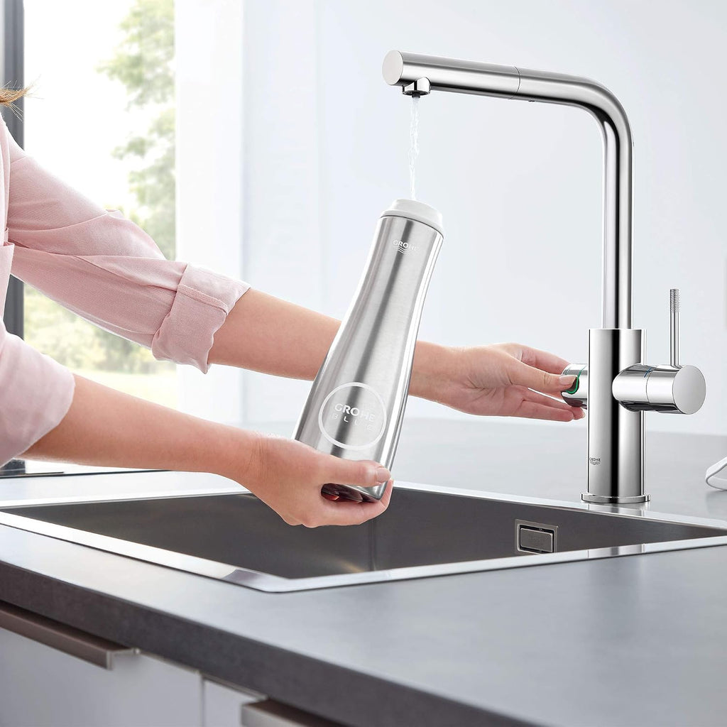 GROHE 31608002 Blue Single-Handle Pull-Out Kitchen Faucet Single Spray with Chilled & Sparkling Water, 1.75 GPM
