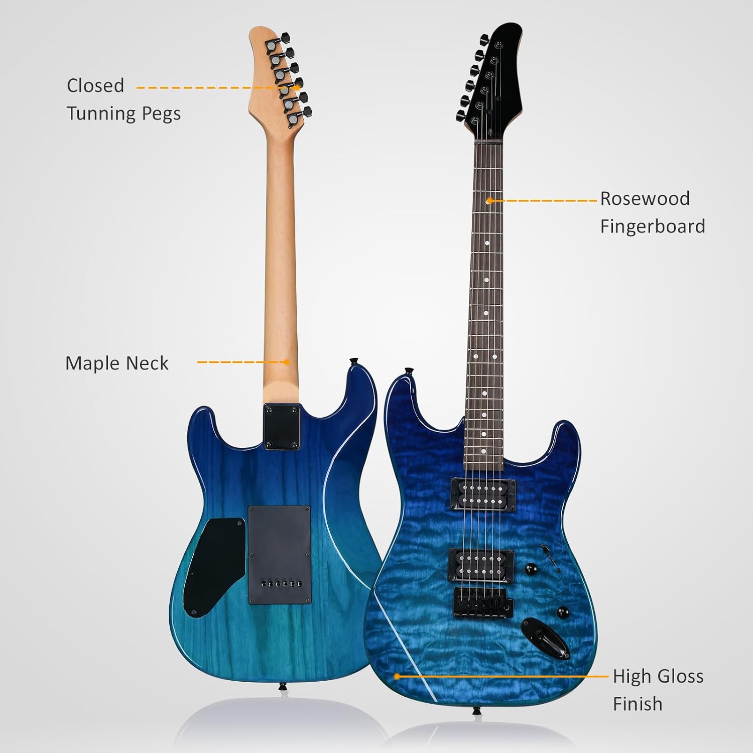 Full Size Electric Guitar Kit,39 Inch Beginner Electric Guitar,Complete Electric Guitars Set with Bag, Shoulder Strap, Power Wire, Wrench Tool,Tremolo Arm and Picks,Blue