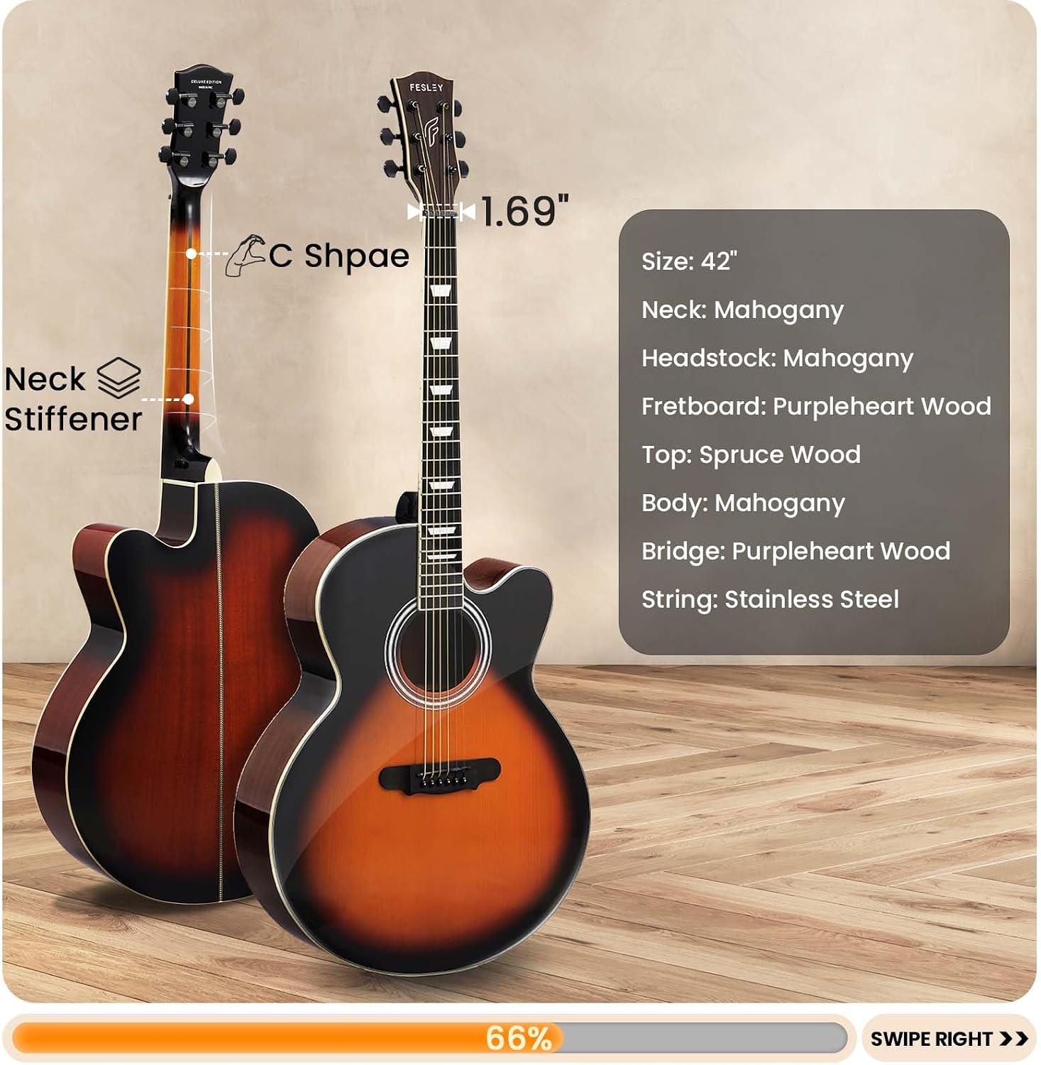 Fesley Jumbo Cutaway Acoustic Guitar: 42' Full Size Acoustic Guitar Kit, Mahogany Wood Guitar for Beginner Adult, Acustica Guitarra with Gig Bag, Picks, Strings, Capo, Strap, Pickguard, FJ90 Sunburst