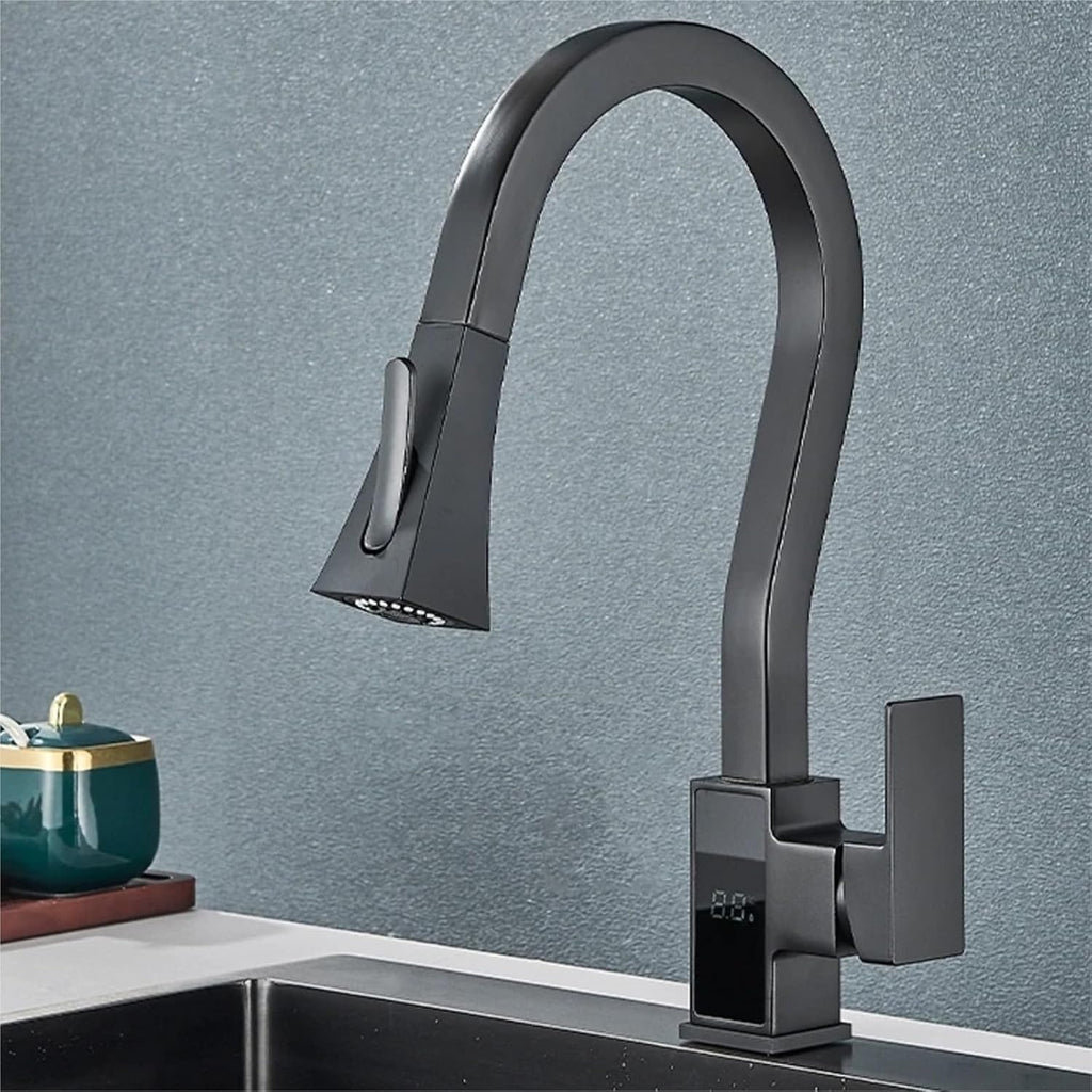 Smart Digital Display Kitchen Faucet Single Handle Pull Out Kitchen Sink Mixer Hot Cold Water Taps(Matte Black)
