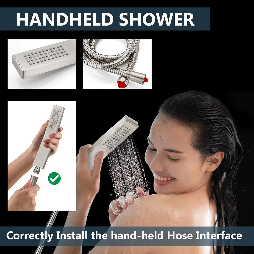 Aolemi Ceiling Mount Shower Faucet Set with Handheld Spray High Pressure Shower Faucets Sets Complete Rough-in Valve and Shower Trim Kit System Included Rainfall Brushed Nickel 12 Inch LED Shower Head