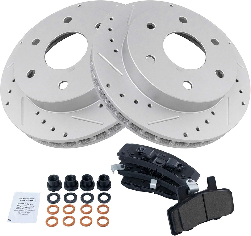 TRQ Performance Front Ceramic Brake Pad and Rotor Set Coated Drilled Slotted Compatible with 95-99 GMC Yukon 4 Wheel Drive with 295 mm Diameter Front Rotors