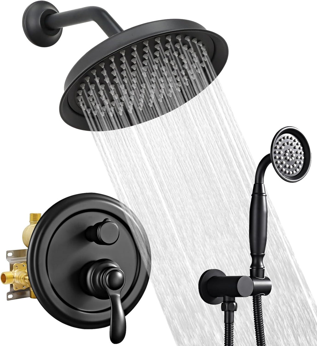 Matte-Black Vintage Shower-Faucet Sets, Antique Brass Shower System, Wall Mounted, 9' Rain Head and Handheld Spray, 2 Way Diverter Rough in Valve with Trim Kit