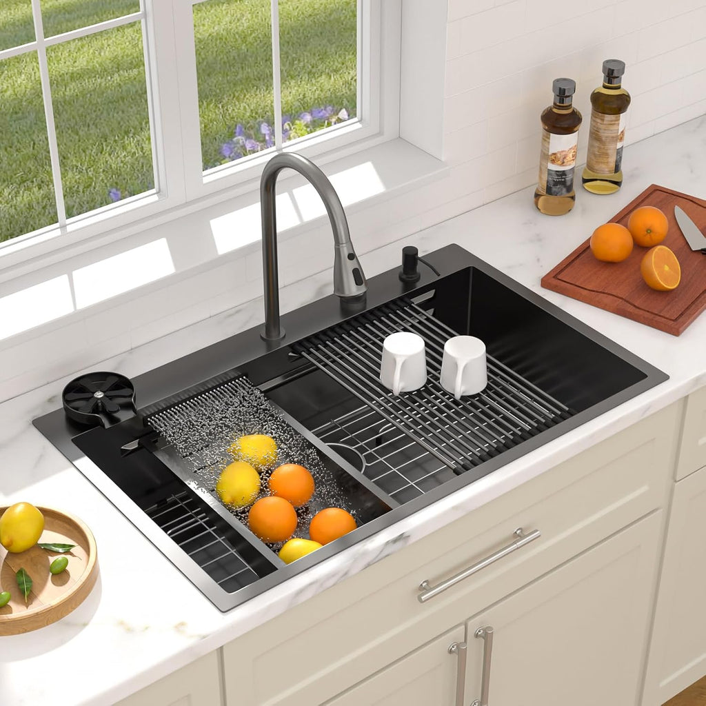 Dcolora 36 Inch Waterfall Kitchen Sink Black Drop In Smart Sink with Faucet Combo Multifuctional Topmount Large Workstation Stainless Steel, DC-SFDOE00023