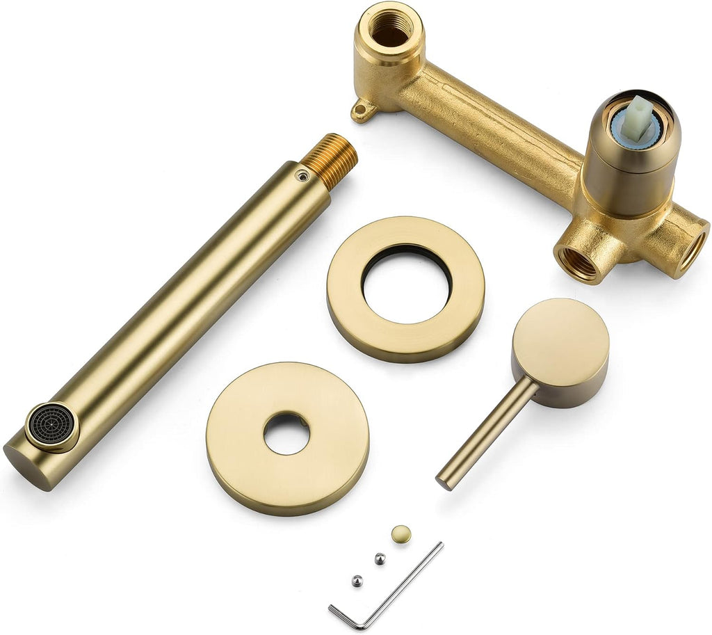 SUMERAIN Brushed Gold Bathroom Faucet Brass Wall Mount Faucet Single Handle with Rough in Valve
