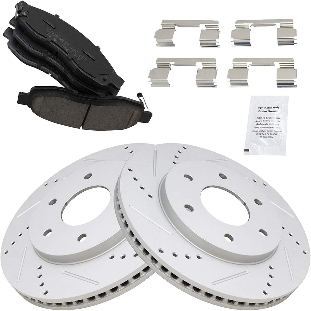 TRQ Performance Front Brake Pad and Rotor Set Ceramic G Coated Drilled Slotted Vented Rotors Compatible with 2004-2005 Infiniti QX56 2004-2005 Nissan Titan 2004 Pathfinder Armada 2005 Armada