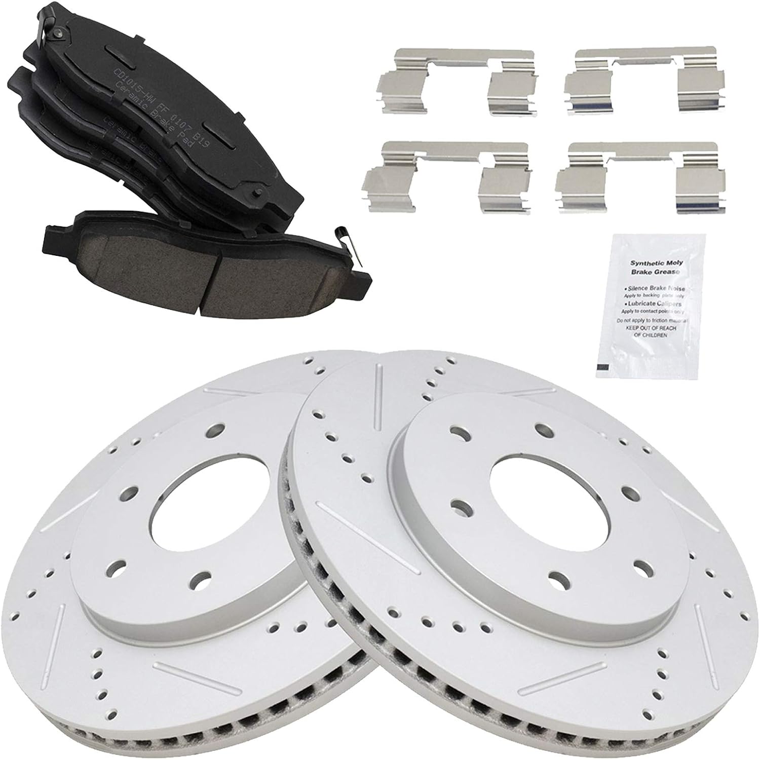 TRQ Performance Front Brake Pad and Rotor Set Ceramic G Coated Drilled Slotted Vented Rotors Compatible with 2004-2005 Infiniti QX56 2004-2005 Nissan Titan 2004 Pathfinder Armada 2005 Armada