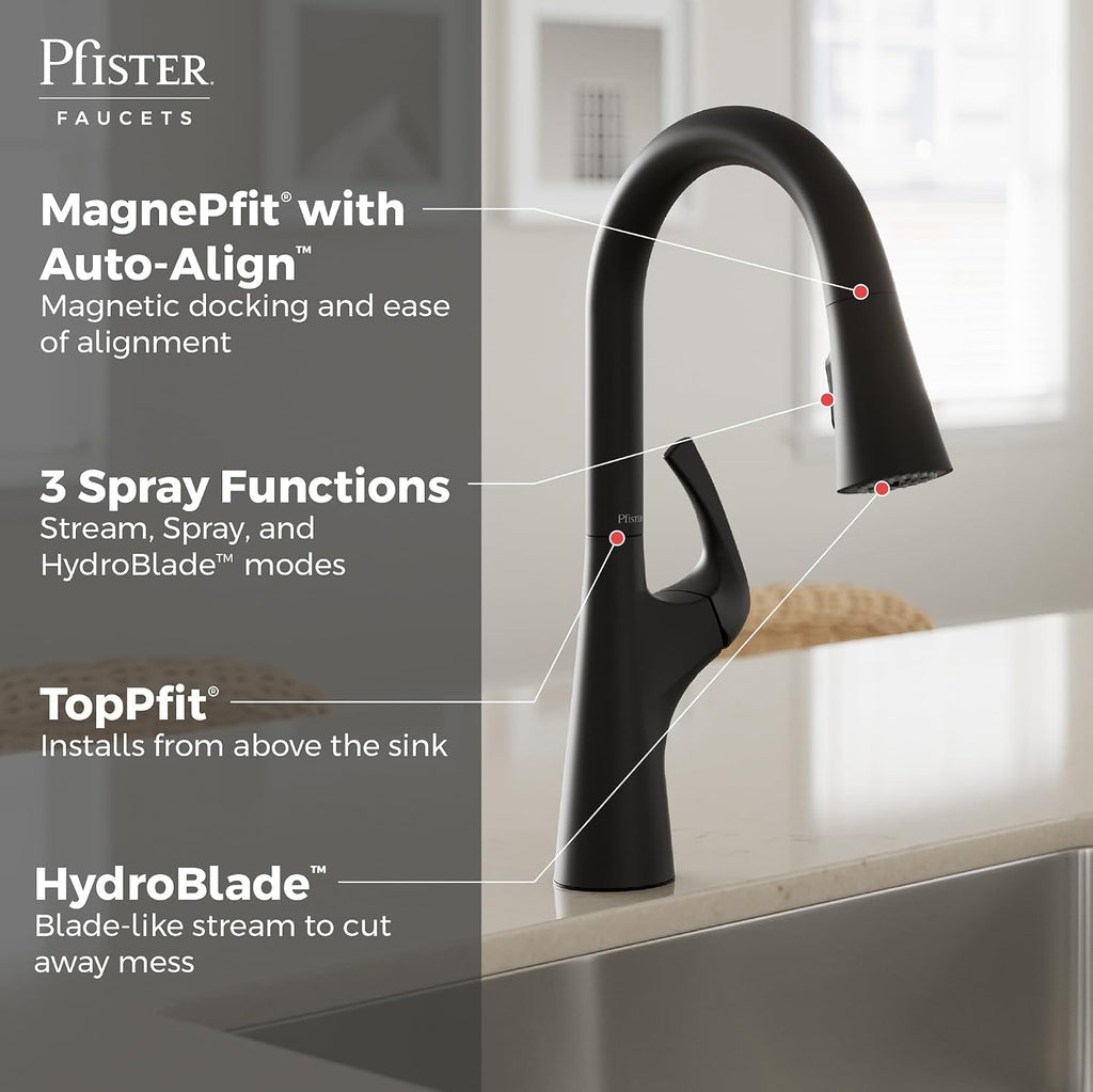 Pfister Talega Pull-Down Kitchen Faucet with Sprayer in Matte Black - Single Handle High Arc Spout with 3 Water Settings, 360° Swivel, and MagnePfit Magnetic Docking for Kitchen Sink
