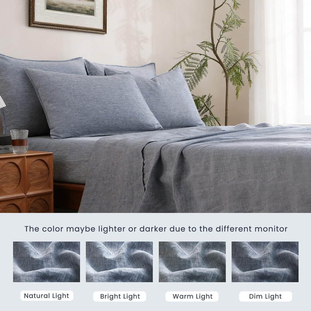 S VICTORY SYMBOL 100% Organic Linen Chambray Sheets Set King Size,Washed French Flax Bed Sheets 4 Pieces(2 Pillowcases,1 Fitted Sheet,1 Flat Sheet) 16inch Deep Pockt,Yarn Dyed Blue Denim