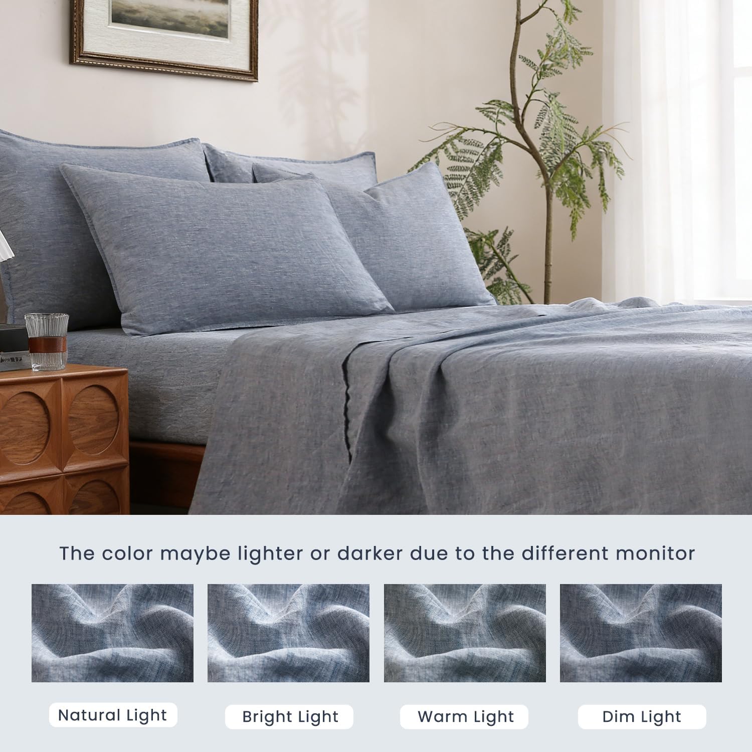 S VICTORY SYMBOL 100% Organic Linen Chambray Sheets Set King Size,Washed French Flax Bed Sheets 4 Pieces(2 Pillowcases,1 Fitted Sheet,1 Flat Sheet) 16inch Deep Pockt,Yarn Dyed Blue Denim