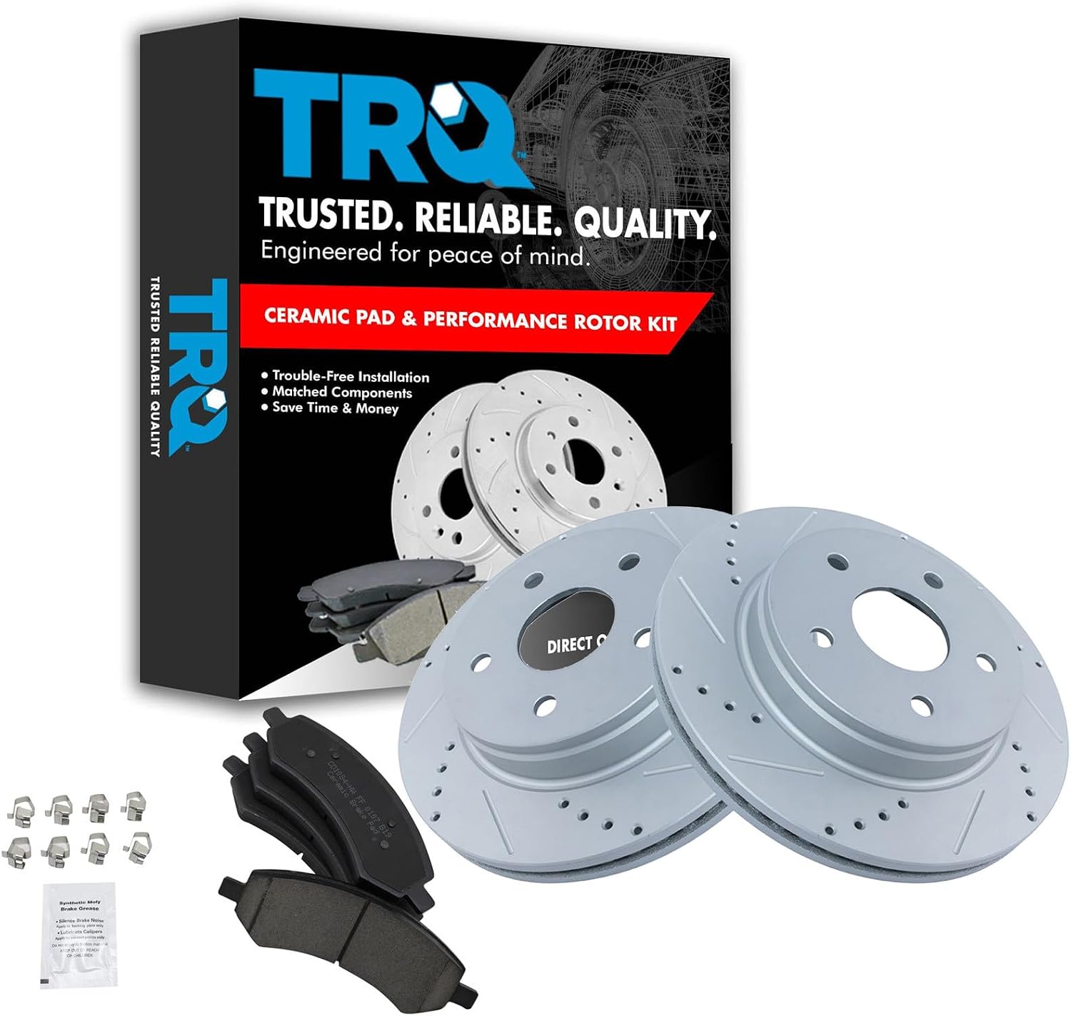 TRQ Performance Front Brake Pad and Rotor Set Ceramic Coated Drilled Slotted Vented Rotors Compatible with 07-09 Chrysler Aspen Dodge Durango 06-10 Ram 1500 11-18 Ram 1500 19-21 1500 Classic