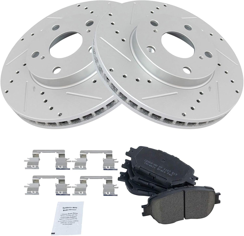 TRQ Performance Front Brake Pad and Rotor Set Ceramic Coated Drilled Slotted Vented Rotors Compatible with 2002-2006 Toyota Camry